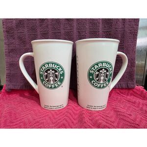Set of 2 Starbucks Coffee Mugs 2005 White Ceramic Tall Latte Cups (16 oz)